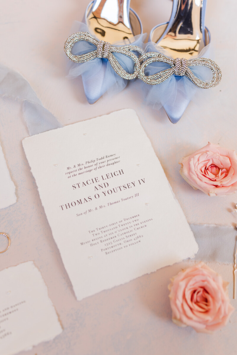 Photo of a wedding invitation and details