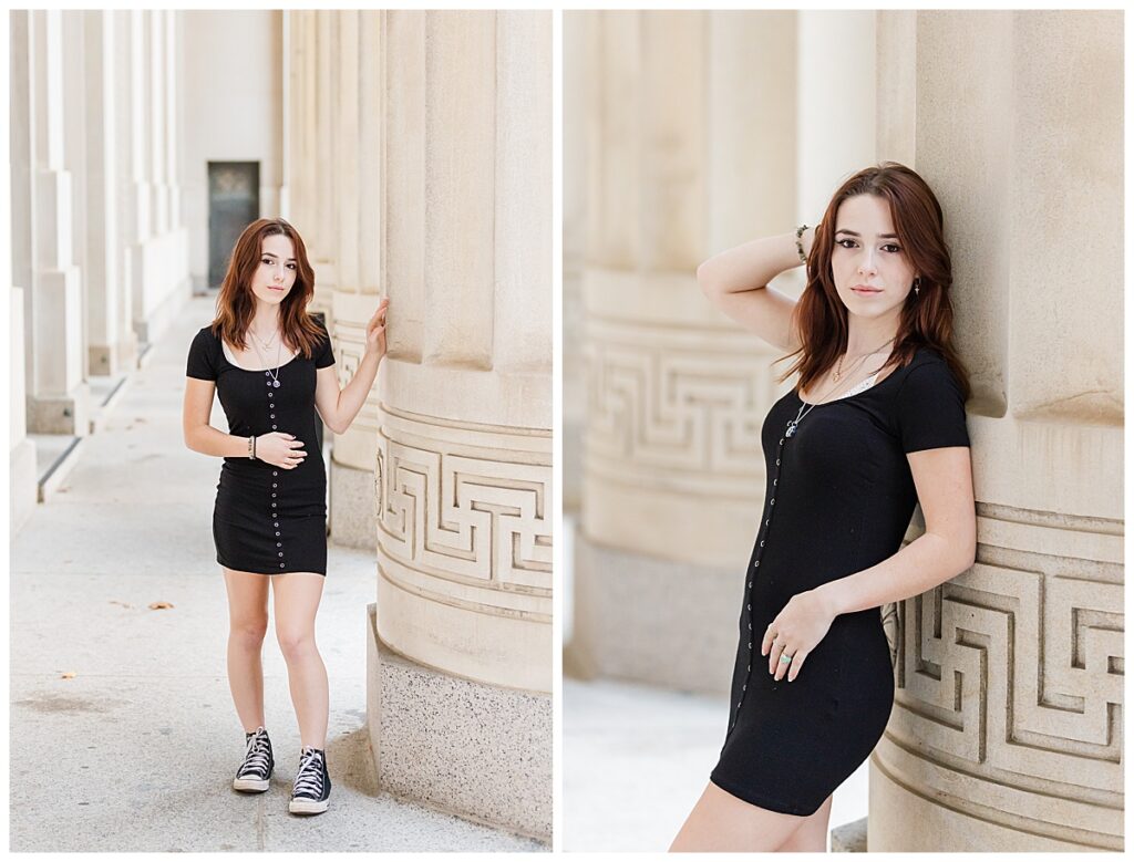 Top 5 Ann Arbor Photo Locations: Girl standing against large columns smiling at the camera