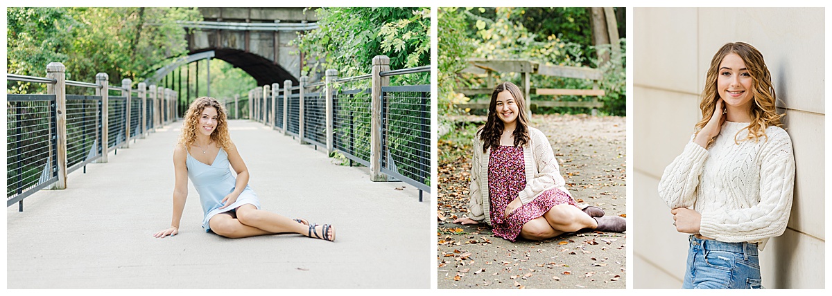 Senior pictures showing three girls smiling at the camera