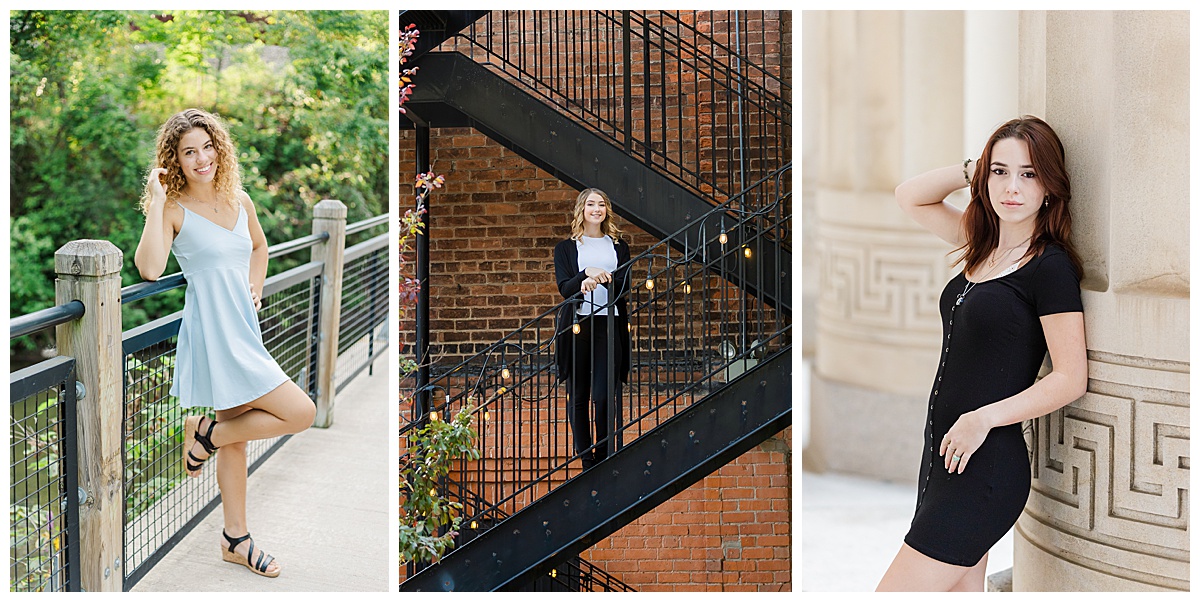 Ann Arbor Senior Photographer shoing three girls smiling at the camera against structures.