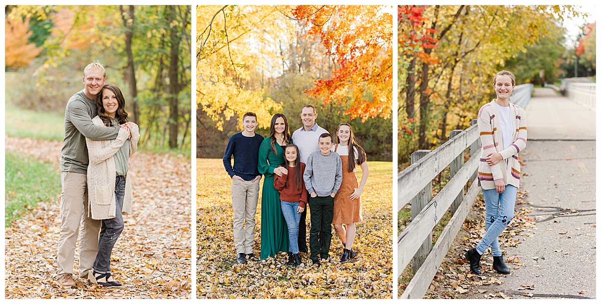 Ann Arbor Family Photographer showing Three pictures of families smiling at the camera in various locations near Ann Arbor Michigan