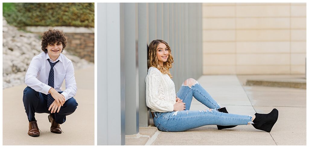 Two high school seniors sitting close to the ground and smiling at the camera in Ann Arbor Michigan. 