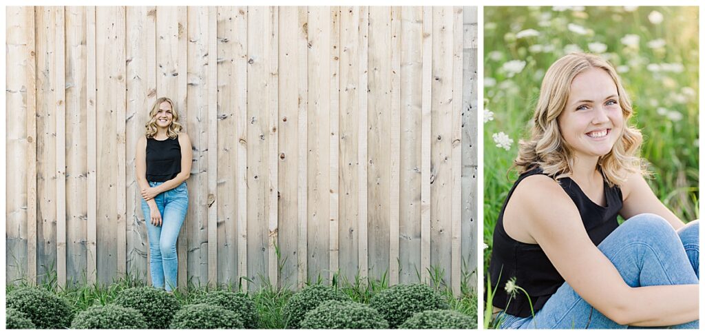 Senior photo session in Ann Arbor Michigan with girl in a field smiling at the camera. 