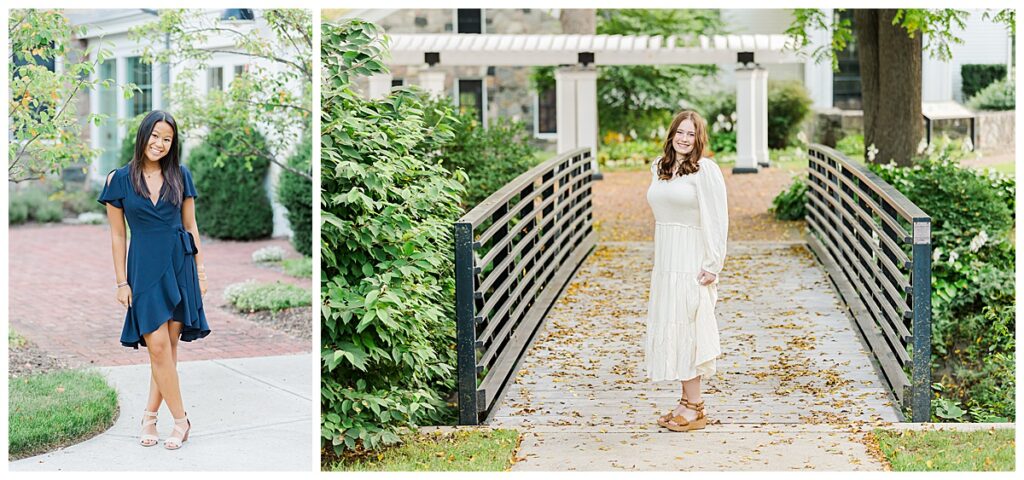 Senior photos of girls standing on a path at Sharon Mills Park