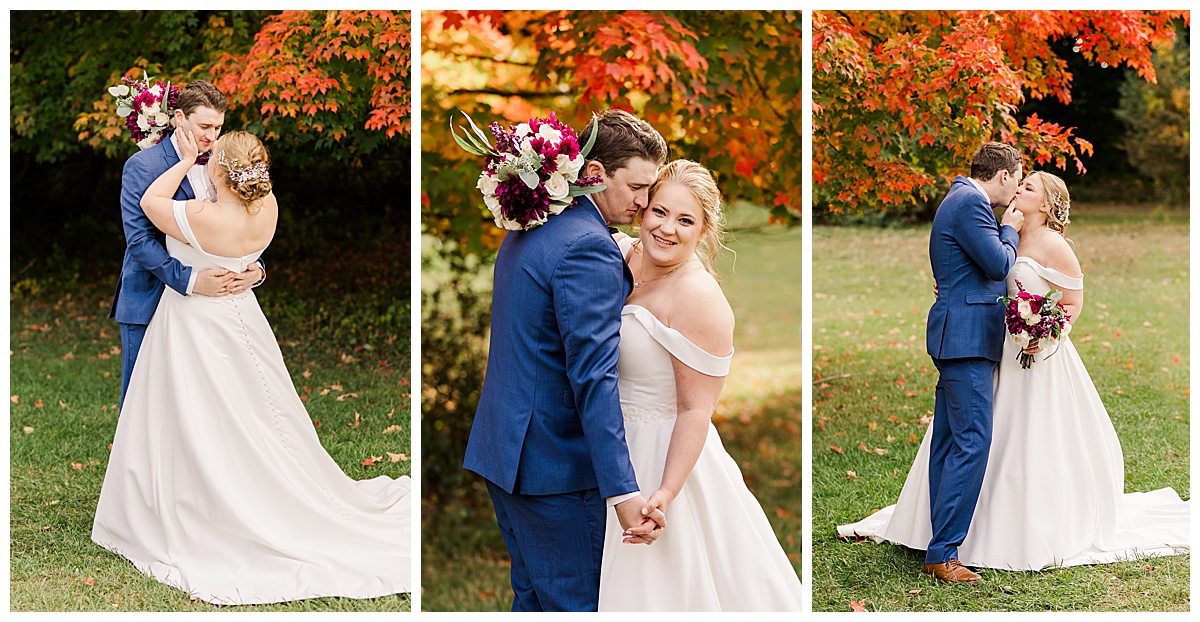 bride and groom snuggle close and kiss for first look photos