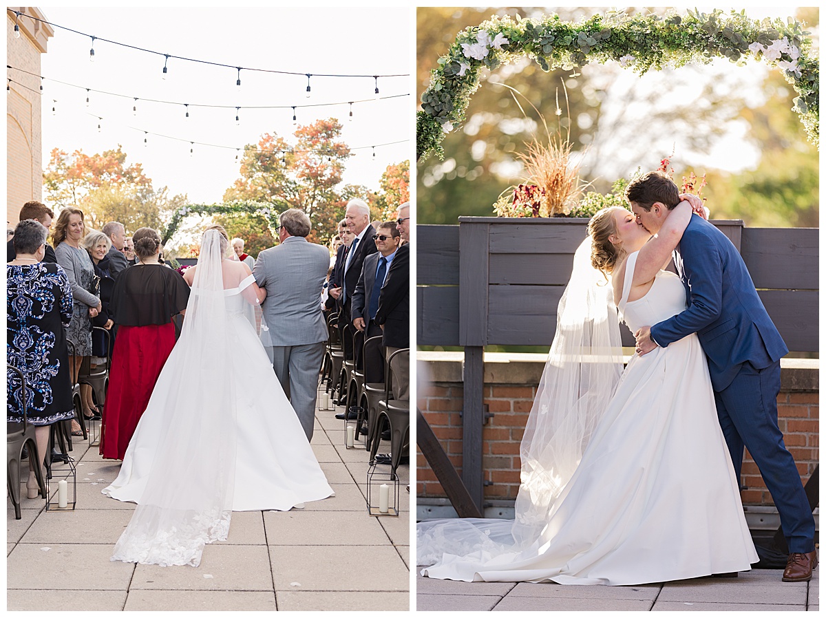 bride and groom kiss during marriage ceremony