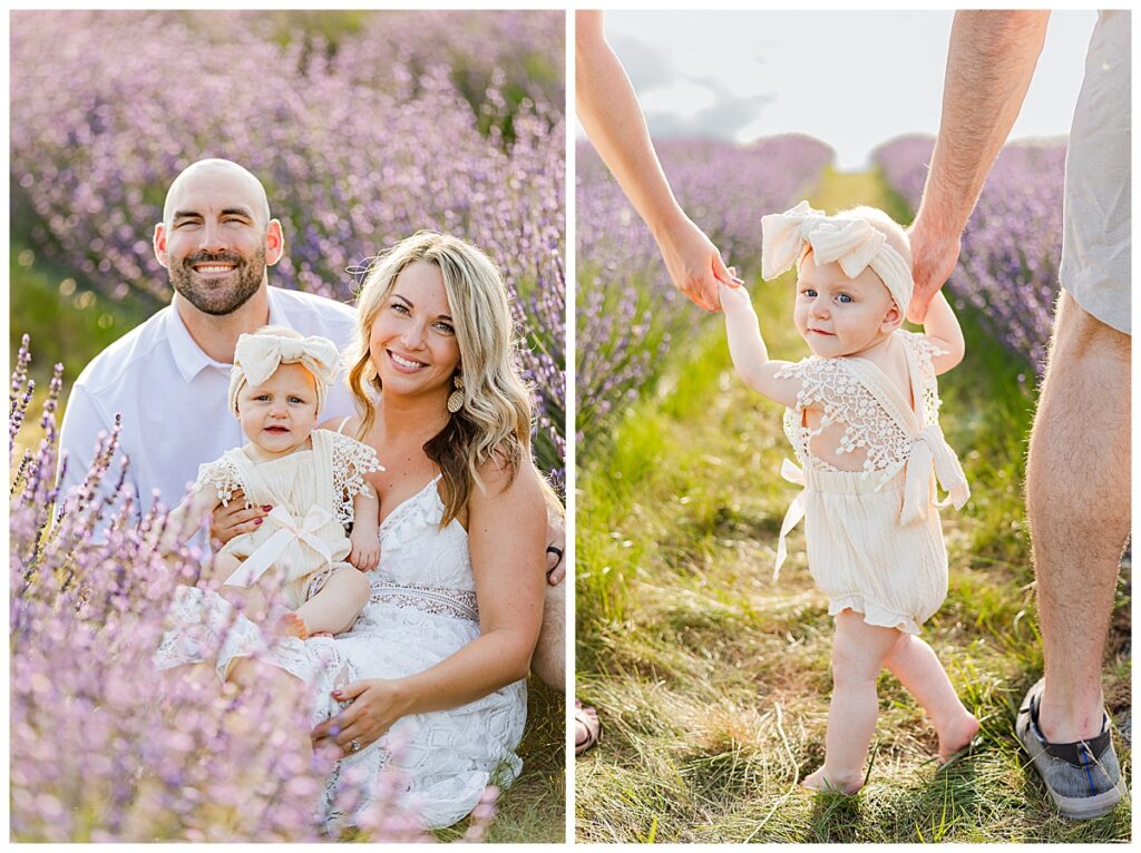 Family sitting and smiling at the camera in a Lavender field
