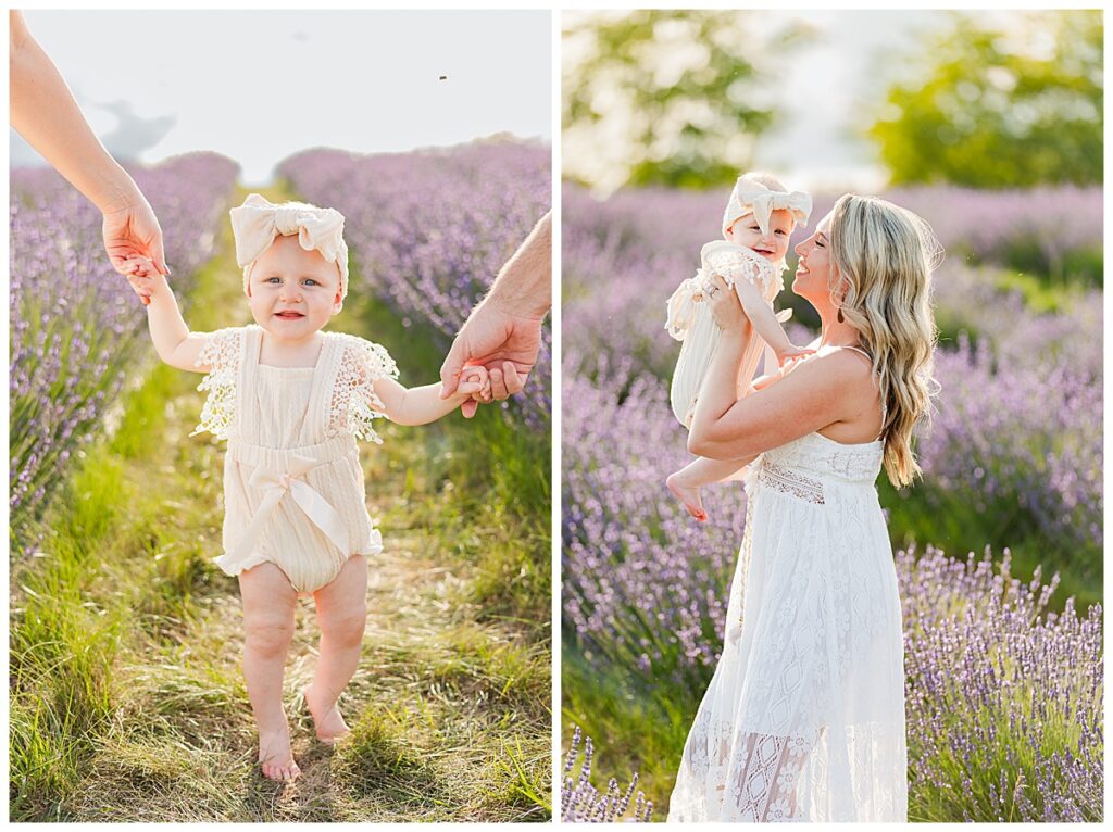 Mom and Baby pose for pictures in Lavender field near Ann Arbor Michigan