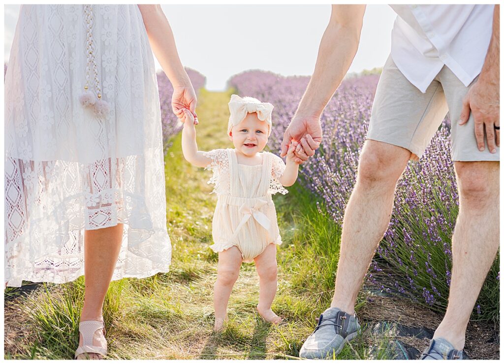 parents holding baby's hands while walking through Belle Lavande Lavender Farm. 