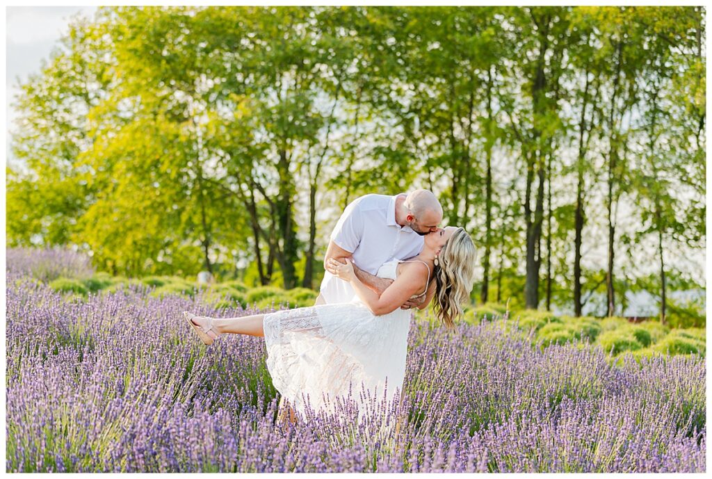 Couple kissing in a Lavender Farm at Belle Lavande near Ann Arbor Michigan