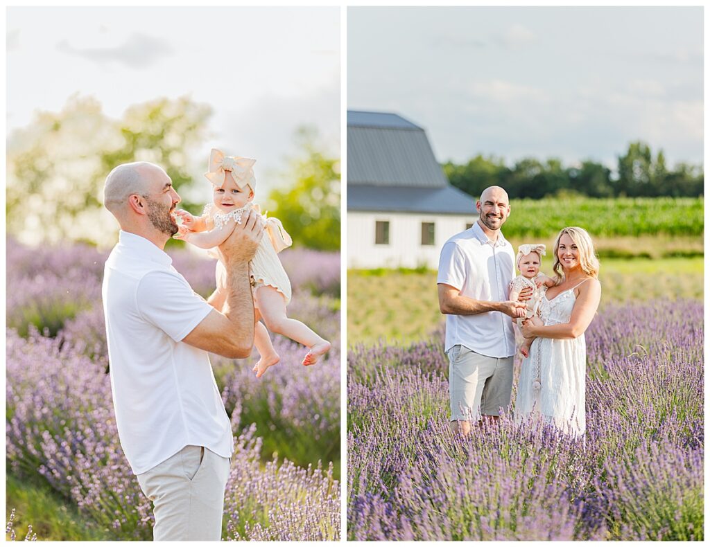 Family smiling at the camera close together while standing in a lavender farm at Belle Lavande