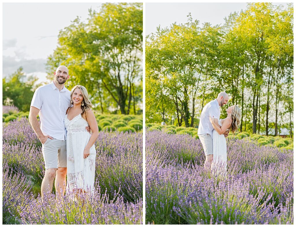 Couple smiling at the camera close together while standing in a lavender farm at Belle Lavande